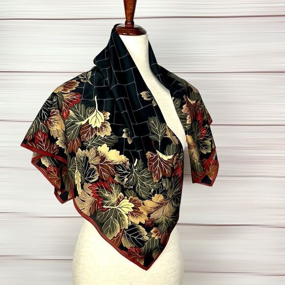 Boston Museum of Fine Arts Silk Scarf Black with Colorful Fall Leaves Print - Picture 7 of 13